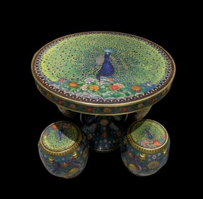 A set of cloisonné copper tires pure handmade cloisonné enamel peacock open screen large round