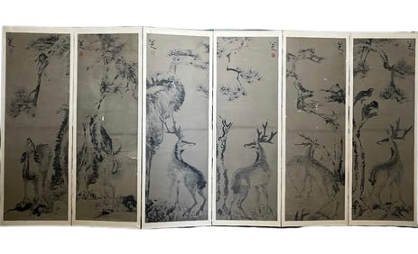 A freehand pine deer painting of the people of the Eight Great Mountains old screen