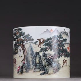 A Qing Yongzheng pastel pine deer picture pen holder