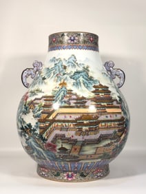 A piece of Qing Dynasty Qianlong enamel color ancient moon pavilion pavilion landscape statue