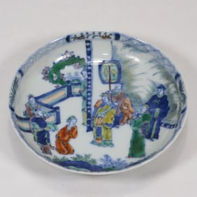 A small plate of Qing Dynasty Kangxi blue and white colorful character story pictures