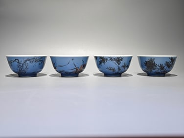 A set of ink color sky blue glaze plum orchid bamboo chrysanthemum poetry cup made in the Yongzheng