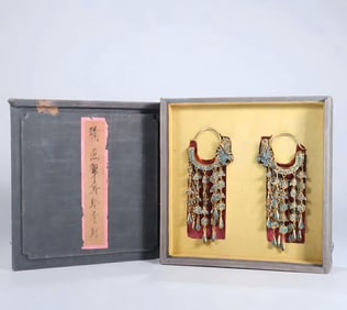 A pair of Qing Dynasty silver gilt emerald dragon pattern earrings