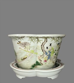 A pastel painted figure flower pot from the Qing Dynasty