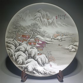 A pastel pavilion pavilion landscape and snow scenery plate made in the Yongzheng era of the Qing