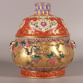 A Qing Dynasty Qianlong enamel carved golden ground squirrel elephant ear incense burner