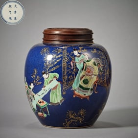 A blue glaze colored multicolored porcelain figure decoration jar of the official kiln made in the