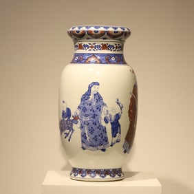 A blue and white glaze red three-star character handicap in the Qing Dynasty