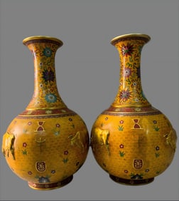 A pair of cloisonné relief five cow vases