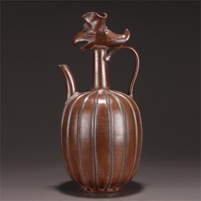 A purple gold glazed line phoenix head pot of the Song Dynasty Ding kiln