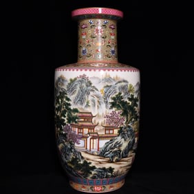 A Qing Qianlong Gu Yuexuan heavy industry pastel landscape attic pattern large stick mallet bottle