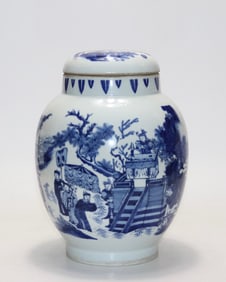 A Ming Dynasty Chongzhen blue and white "Han Xin Bai Jiang" picture lotus seed lid jar