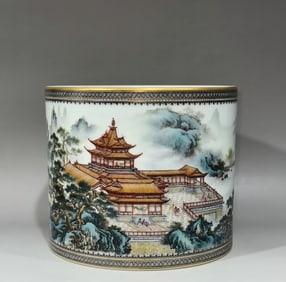 A piece of the Yongzheng era of the Qing Dynasty, ink color painting with gold edge, landscape