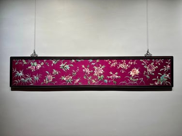 A piece of Qing Dynasty purple ground Su embroidery "Four Seasons Flowers"