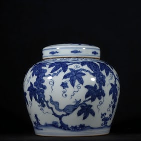 A Ming Dynasty Chenghua blue and white squirrel grape pattern heavenly jar