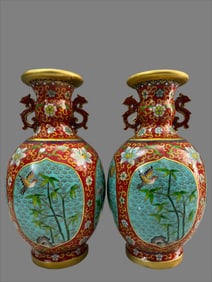 A pair of enamel cloisonné dragon ear plum orchid bamboo chrysanthemum vases