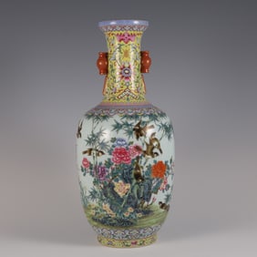 A Qing Dynasty Yongzheng enamel colorful bamboo bird picture poem amphora