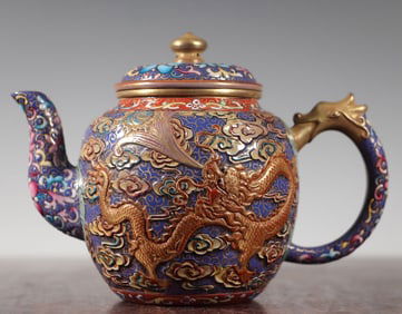 A cloisonné dragon and phoenix auspicious purple clay pot of the Qing Dynasty