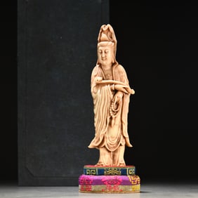 A beautiful Shoushan stone white hibiscus carved Ruyi Guanyin