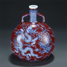 A blue and white red glaze auspicious cloud dragon and phoenix pattern amphora porcelain made in the
