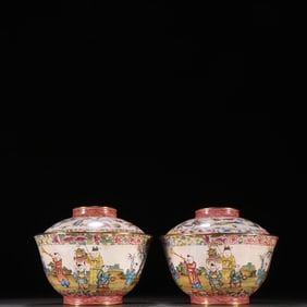 A pair of Qing Dynasty copper tire painting enamel character story tea bowls