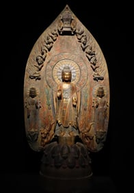 A large backrest of three Buddhas painted in Qingzhou of the Northern Wei Dynasty