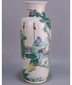 A blue and white colorful figure firecracker bottle made in the Kangxi Dynasty of the Qing Dynasty