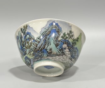 A Qing Qianlong enamel landscape pavilion character poetry bowl