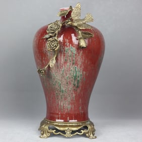A piece of Qing Dynasty Qianlong jar bean red kiln turned into a beauty drunkenly inlaid with copper
