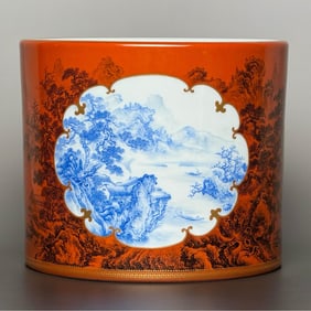 A piece of Qing Dynasty Yongzheng pattern gold-rimmed alum red ground ink color landscape emerald