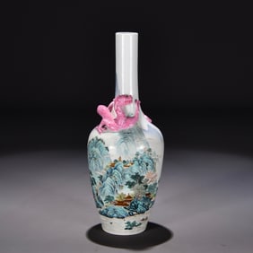 A Qing Dynasty Qianlong pastel landscape plate gentian bottle