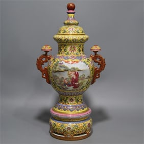 A beautiful three-section yellow window enamel colorful Western figure