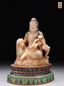 A piece of Qing Yuan Shui Shoushan hibiscus stone carving Ruyi Guanyin