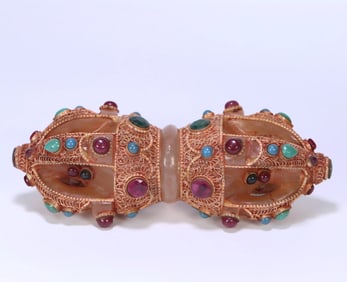 A beautiful crystal-clad copper-gilt inlaid gemstone vajra ritual vessel