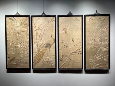 A Qing Dynasty flower and bird Cantonese embroidery four screens