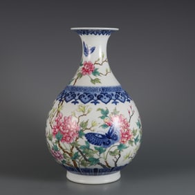 A blue and white with pastel butterfly love pattern jade pot spring vase made in the Qing Yongzheng
