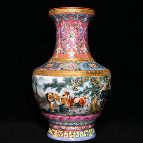 A Qing Qianlong pastel gilt beast picture pan mouth bottle
