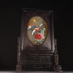 A piece of agate inlaid with a hundred treasures flower and bird pattern poetry interpolation