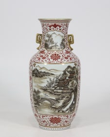 A carmine red entwined flower ink color open window landscape amphora made in the Qianlong period of