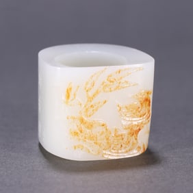 A piece of Qing Dynasty Hetian jade seed material carving poetry and mandarin duck picture finger