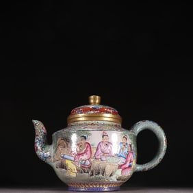 A Qing Dynasty purple sand painting enamel character story teapot