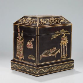 A seal box of Qing Dynasty black lacquered gold-painted Qianlong year qin, chess, calligraphy and