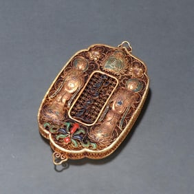 A Qing Dynasty sterling silver gilt cloisonné fasting plaque
