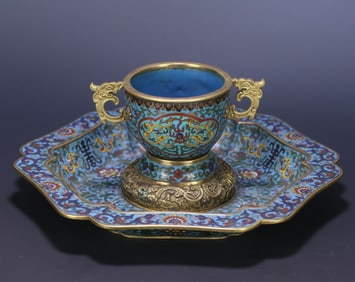 A Qing Qianlong cloisonné entwined flower double dragon bead cup and plate