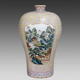 A plum vase with a landscape inscription on the window of Yongzheng brocade in the Qing Dynasty