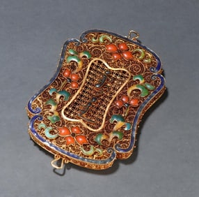 A Qing Dynasty silver-gilt cloisonné inlaid treasure fasting plaque