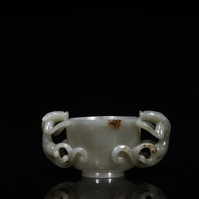 A Hetian jade green jade dragon ear cup