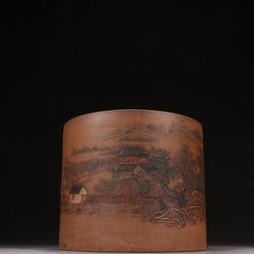 A Qing Dynasty purple sand landscape poetry pen holder