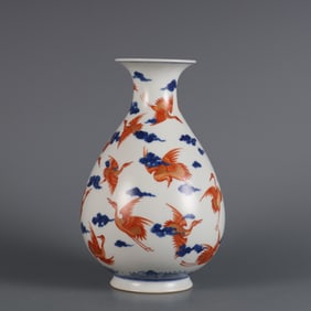 A blue and white alum red color crane ring nine days jade pot spring vase made in the Qing Guangxu