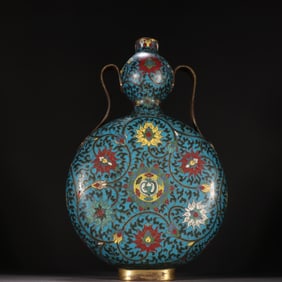 A Ming Dynasty copper-tired cloisonné entwined lotus gourd bottle